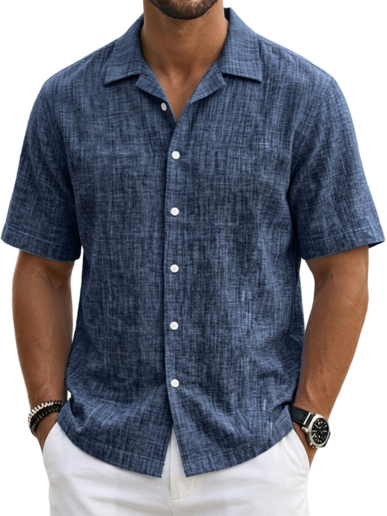 Men's Casual Linen Comfort Solid Color Short-Sleeve Shirt