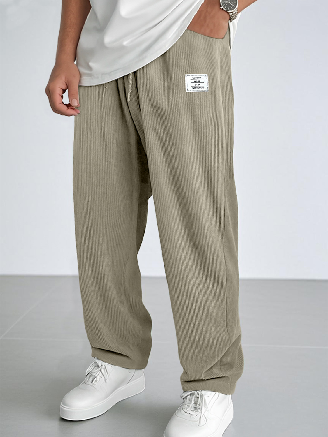 Men's Everyday Corduroy Embroidered Logo Casual Elastic Waist Comfort Trousers