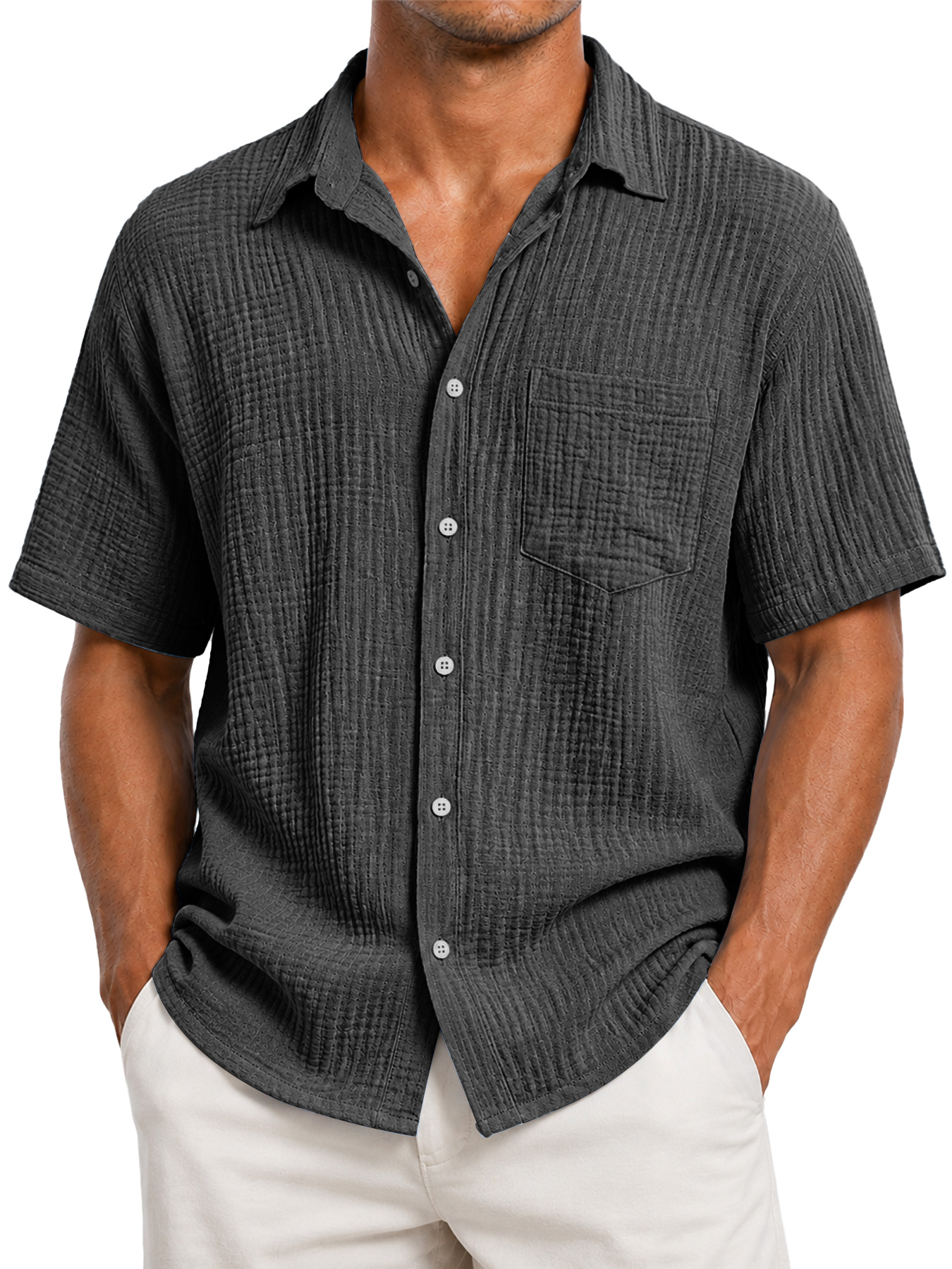 Men's Casual Solid-Color Short-Sleeve Shirt with Textured Pleats and Pocket