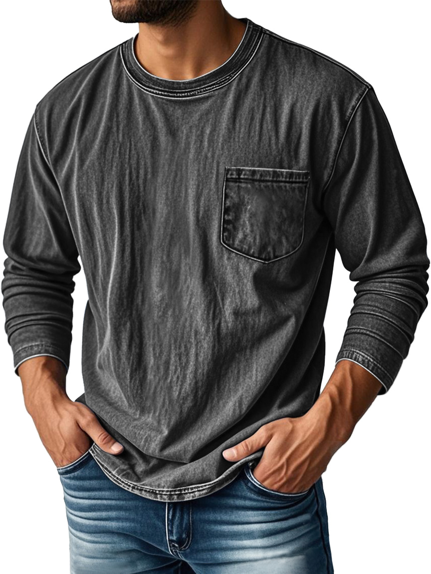Men's Vintage Distressed Round Neck Pocket Casual Long-sleeved T-shirt