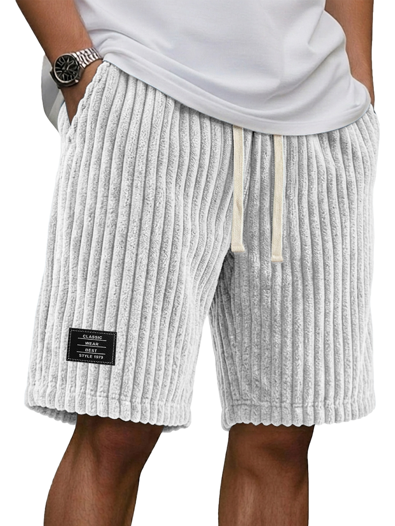 Men's Casual Retro Corduroy Embroidered Logo Loose Shorts