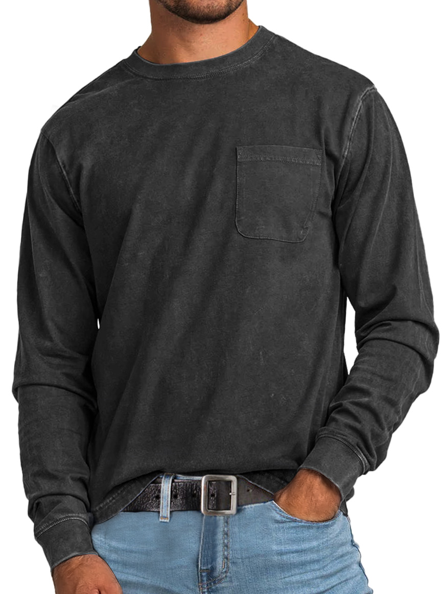 Men's Retro Casual Round Neck Pocket Solid Color Long Sleeve T-Shirt