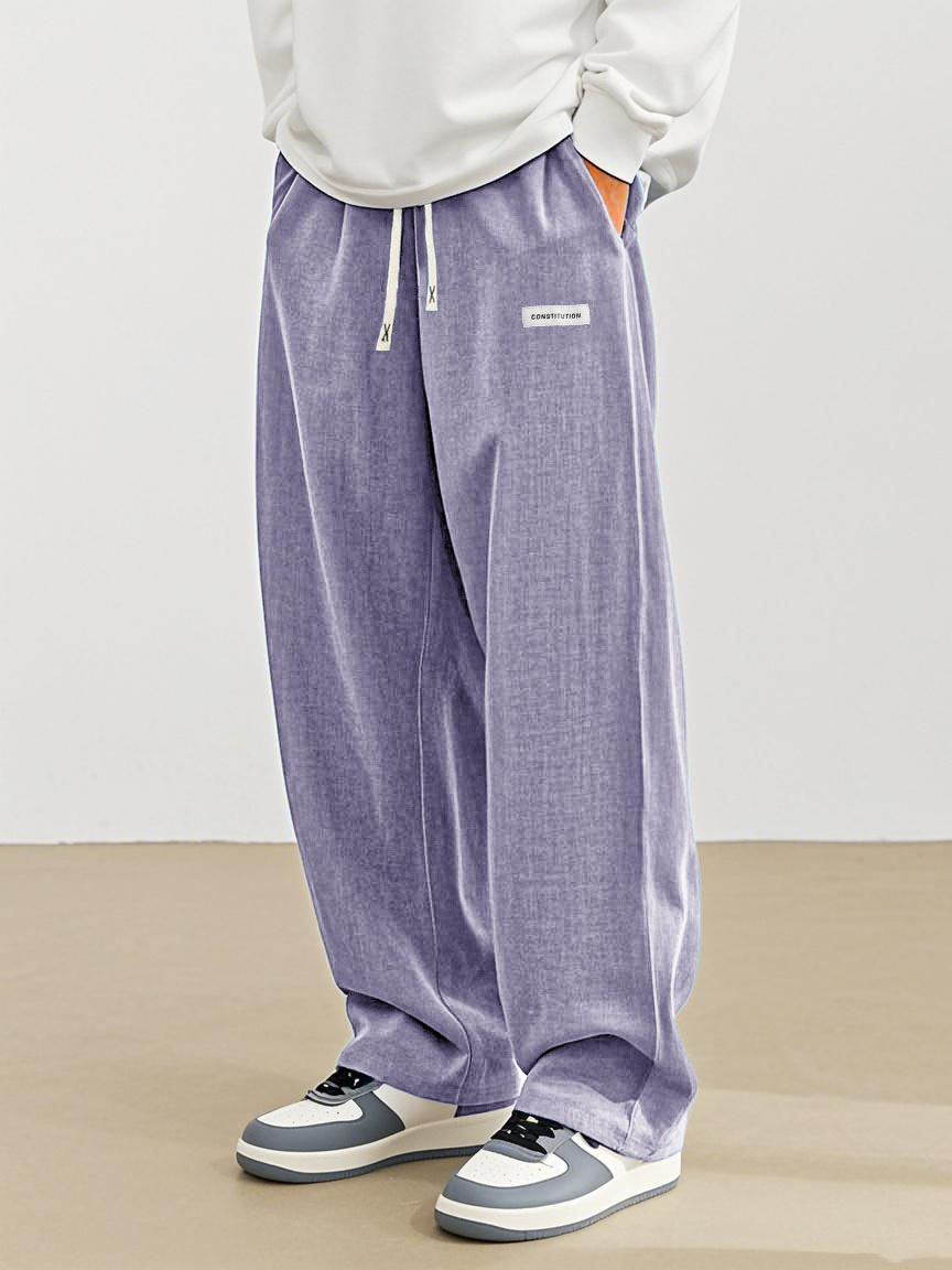 Men's Fashion Casual Everyday Hemp Fabric Pocket Embroidered Logo Loose Trousers 