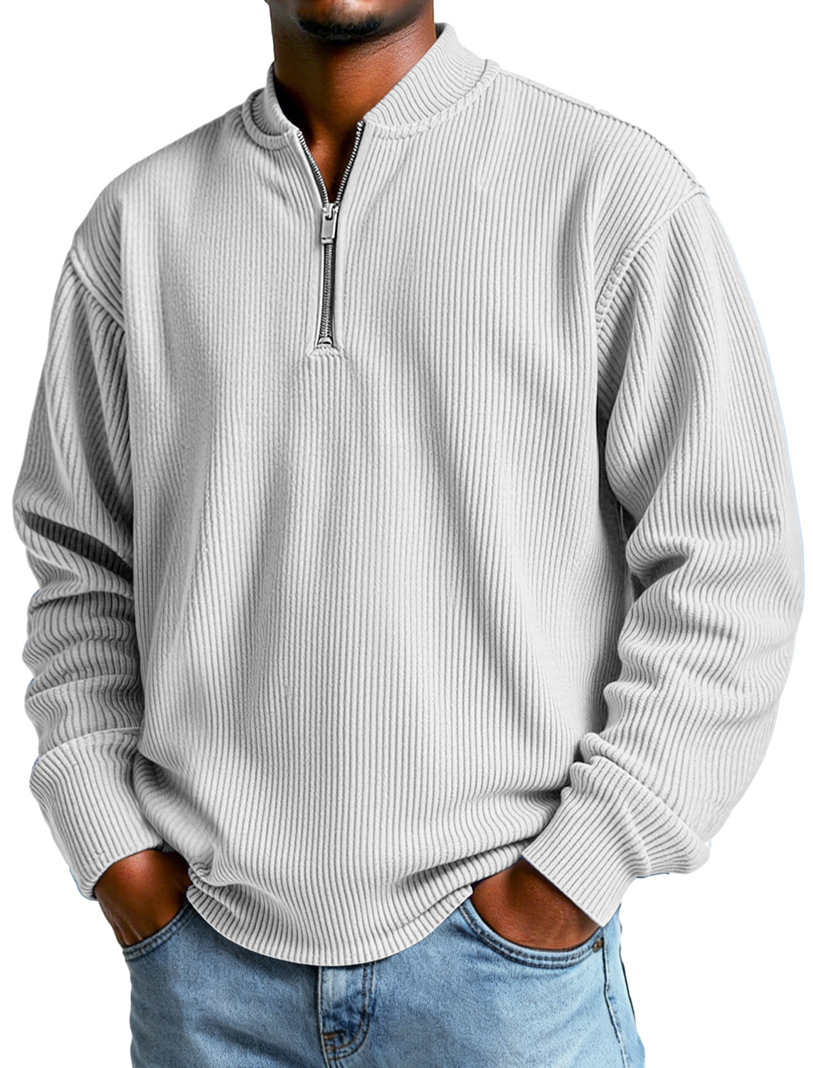 Men's Daily Simple Ribbed Baseball Collar Zipper Casual Long-sleeved T-shirt