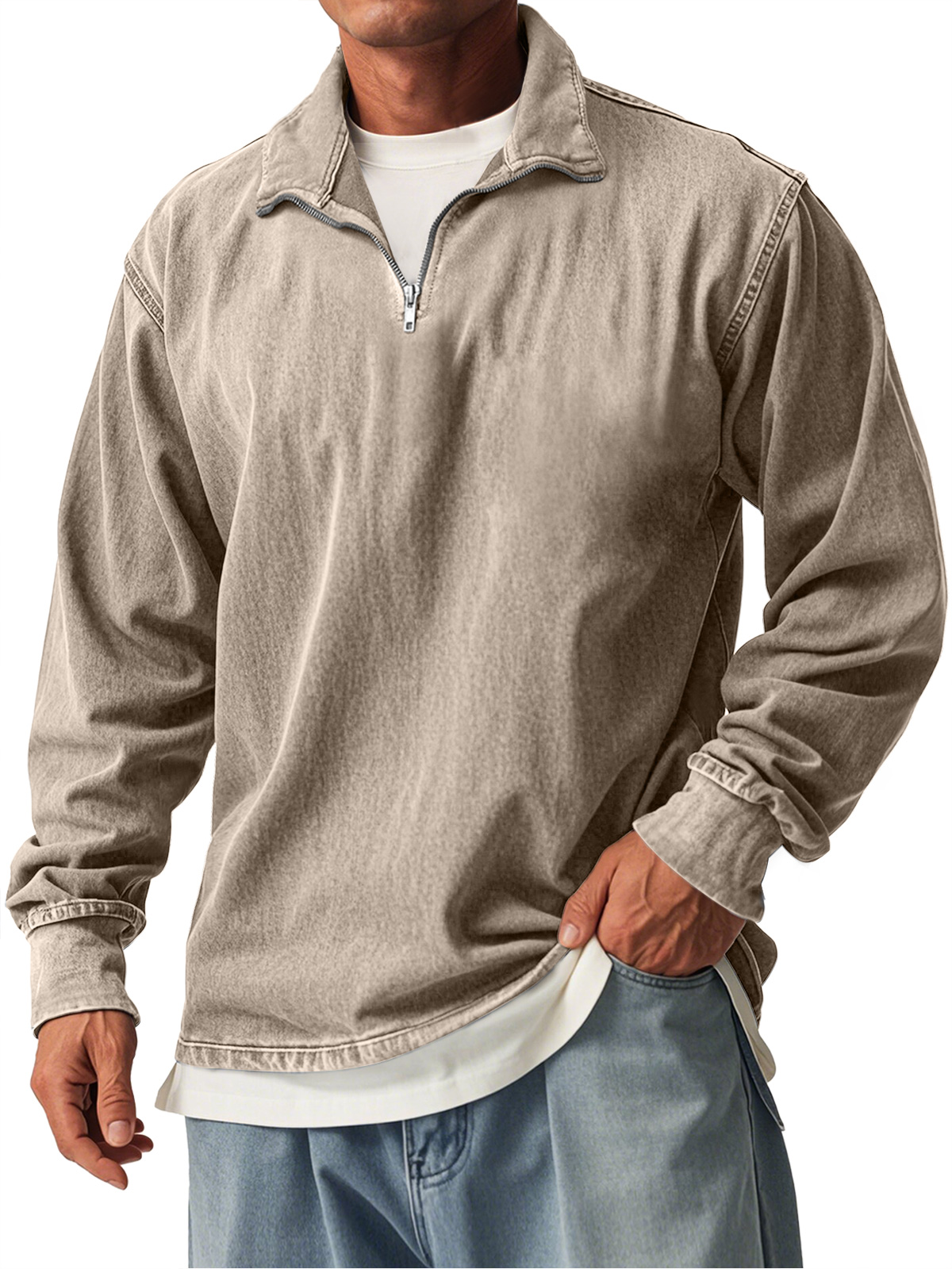 Men's Retro Casual Stand Collar Zipper Long Sleeve T-Shirt