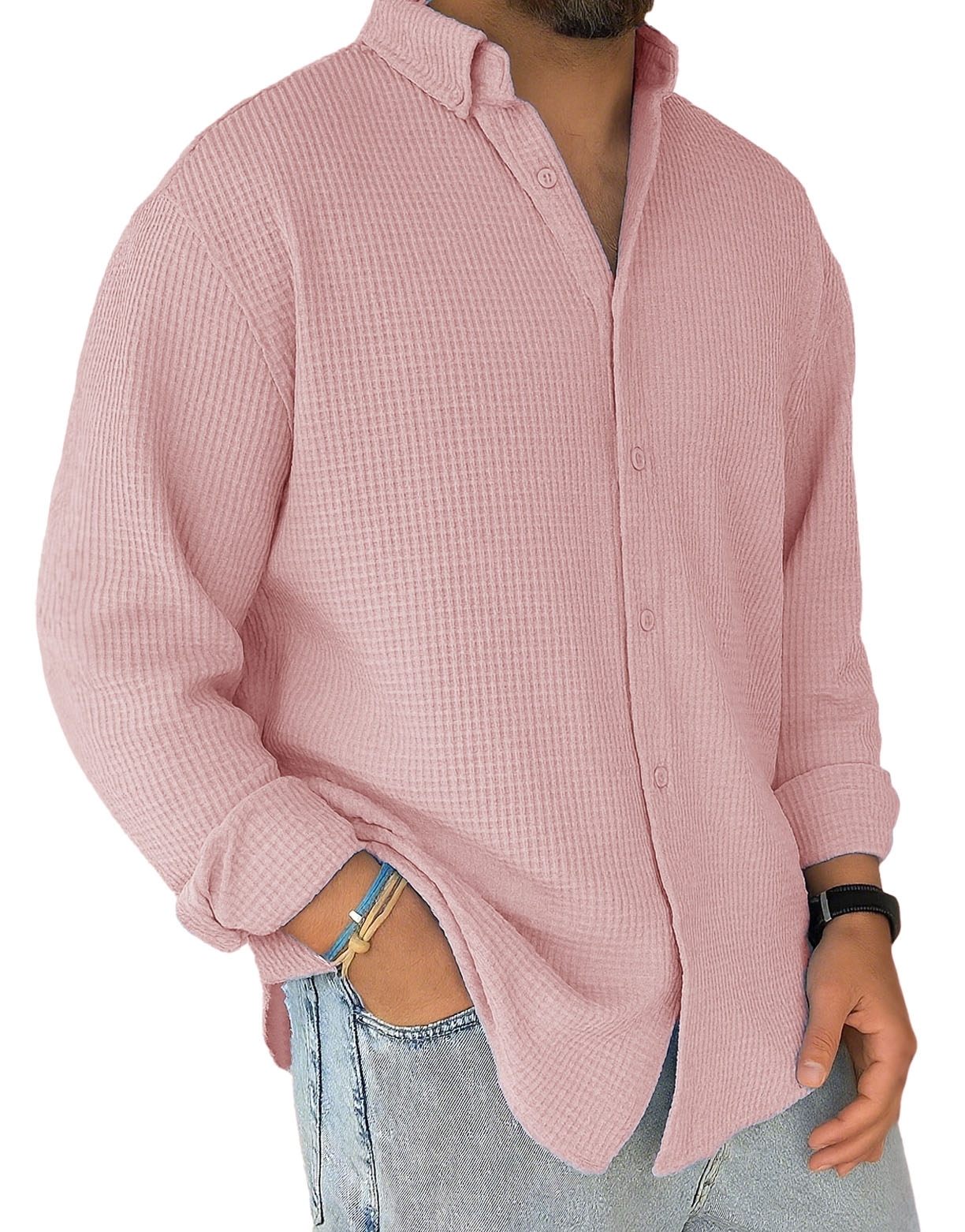 Men's Stylish Casual Everyday Waffle Long-sleeved Lapel Shirt 