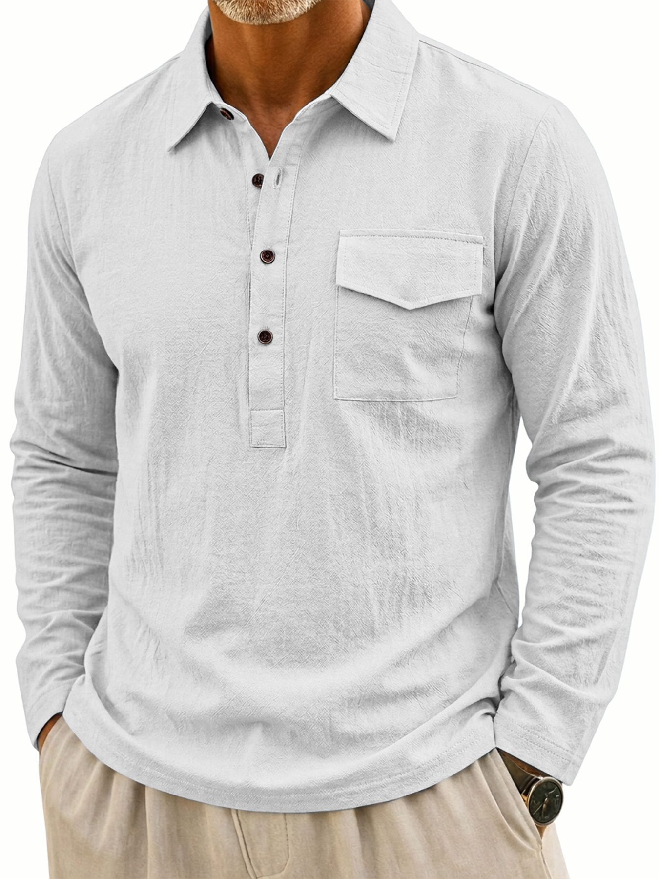 Men's Casual Long-Sleeve Linen Polo Shirt with Flap Pockets