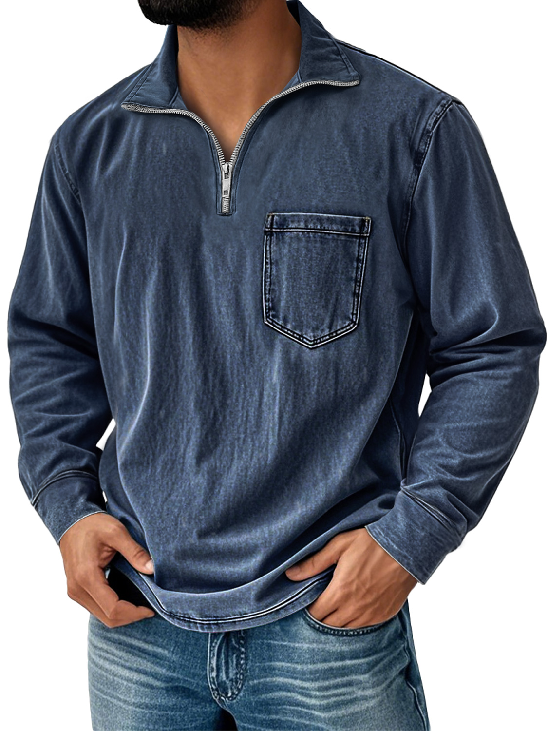 Men'sVintage Distressed Stand-up Collar Zipper Casual Solid Color Long-sleeved T-shirt