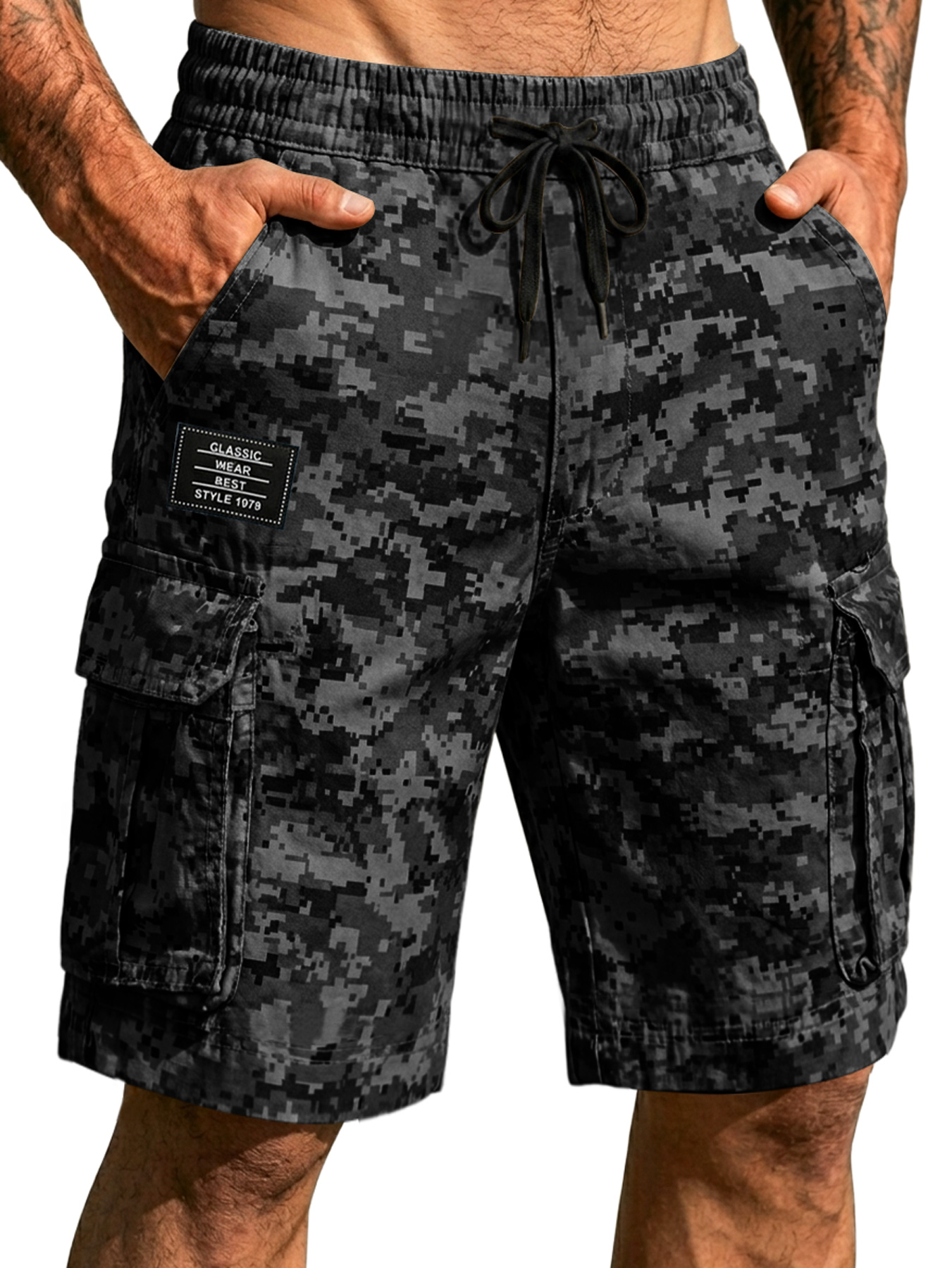 Men's Pixel Camouflage Multi-pocket Embroidered Logo Casual Work Shorts