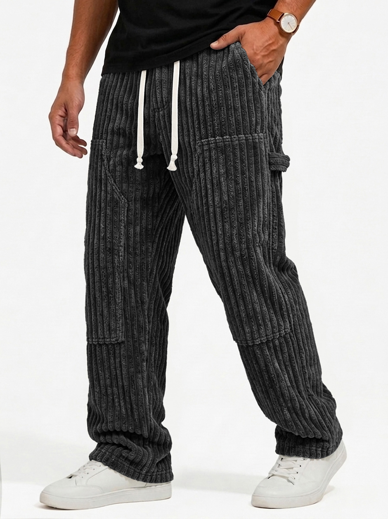 Men's Retro Corduroy Casual Cargo Pants with Multi-Pocket Patchwork Design