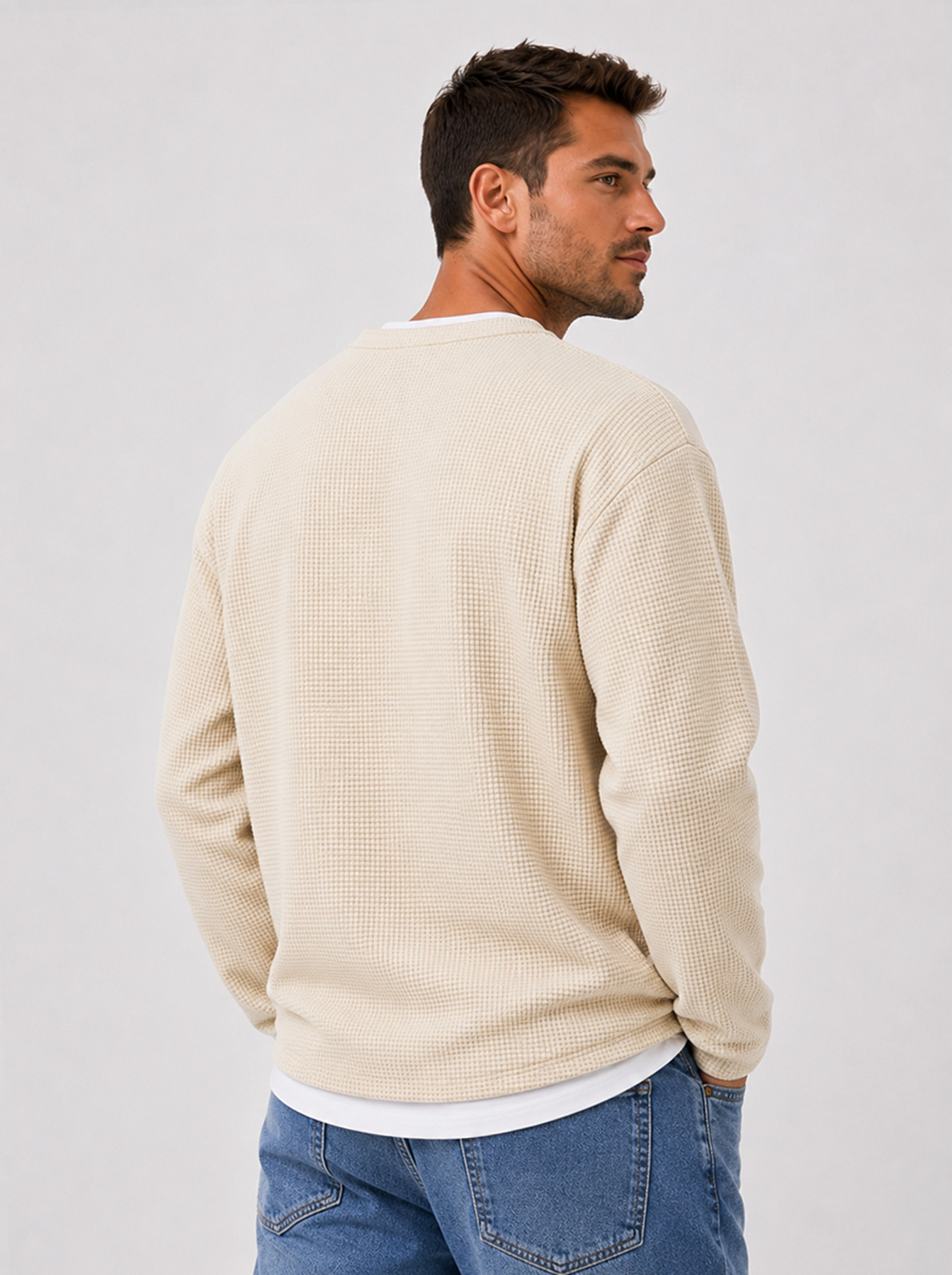 Men's Waffle-Knit Long-Sleeve Casual T-Shirt with Faux-Layered Design, Crew Neck, and Zipper Detail