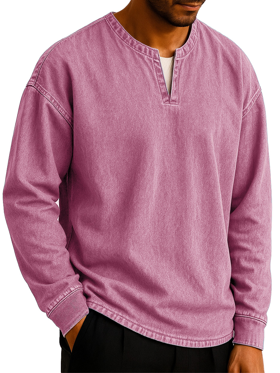  Men's Stylish Casual Outdoor V-neck Distressed Loose-fitting Long-sleeved T-shirt 