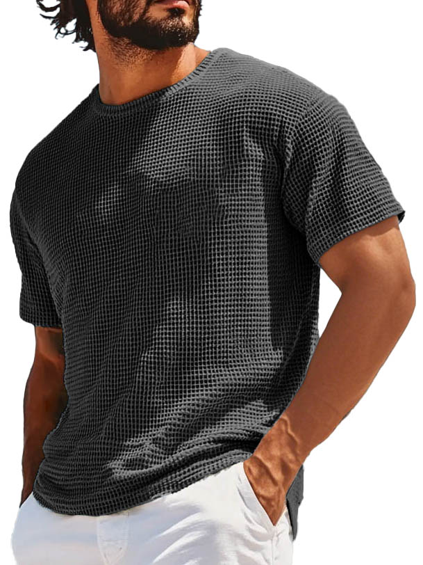 Men's Retro Fashion Round Neck Waffle Texture Fabric Short-sleeved T-shirt