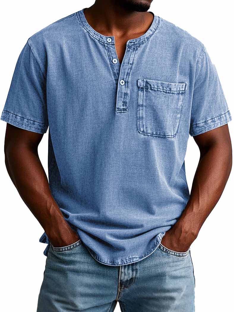 Men's Fashion Casual Vintage Distressed Pocket Short Sleeve Henley Shirt