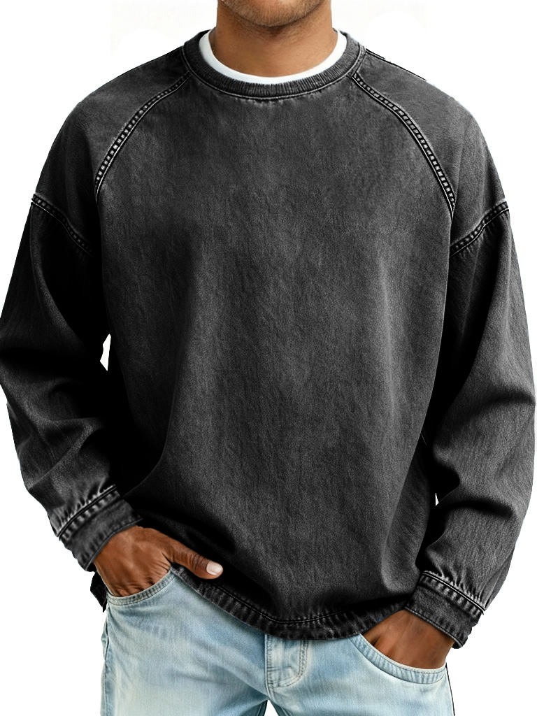 Men's Retro Fashion Distressed Crew Neck Long-Sleeve Loose Sweatshirt