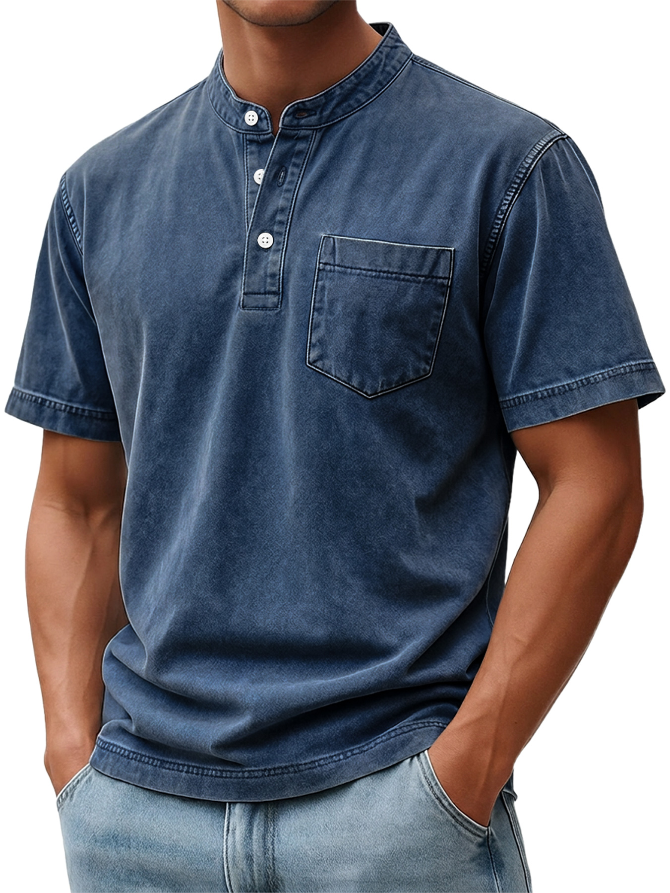 Men's Retro Casual Stand Collar Button-Down Short Sleeve Henley Shirt