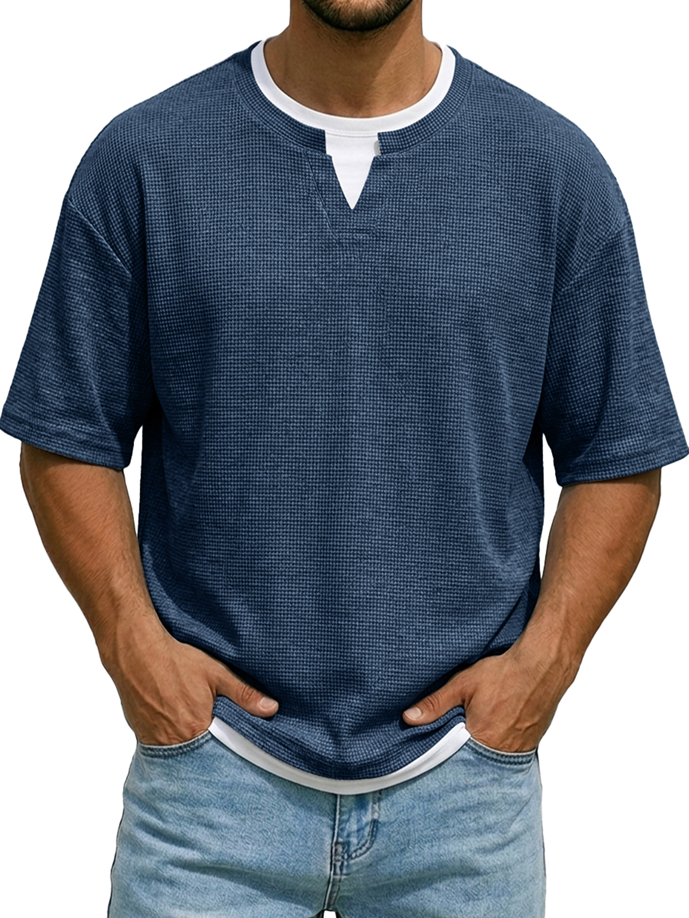 Men's Waffle-knit Faux Two-piece Casual Short-sleeved T-shirt