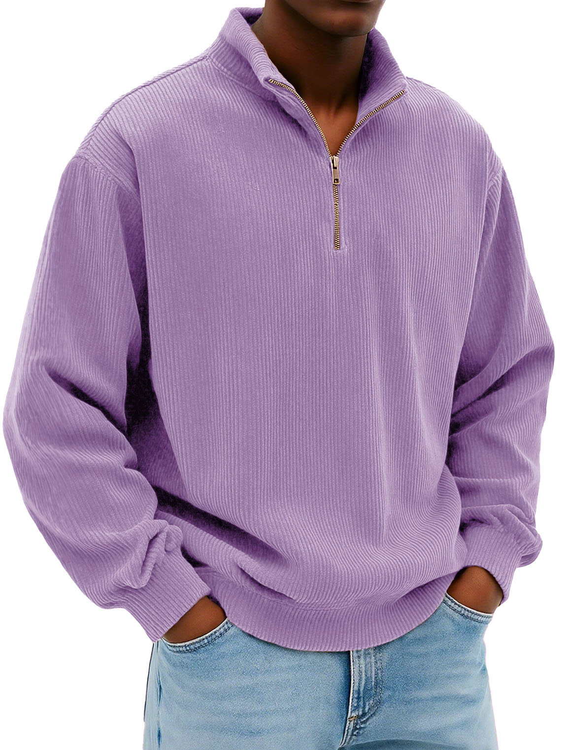 Men's Wear Fashionable Daily Casual Corduroy Pit Strip Fabric Long-sleeved Loose Stand-up Collar Sweater