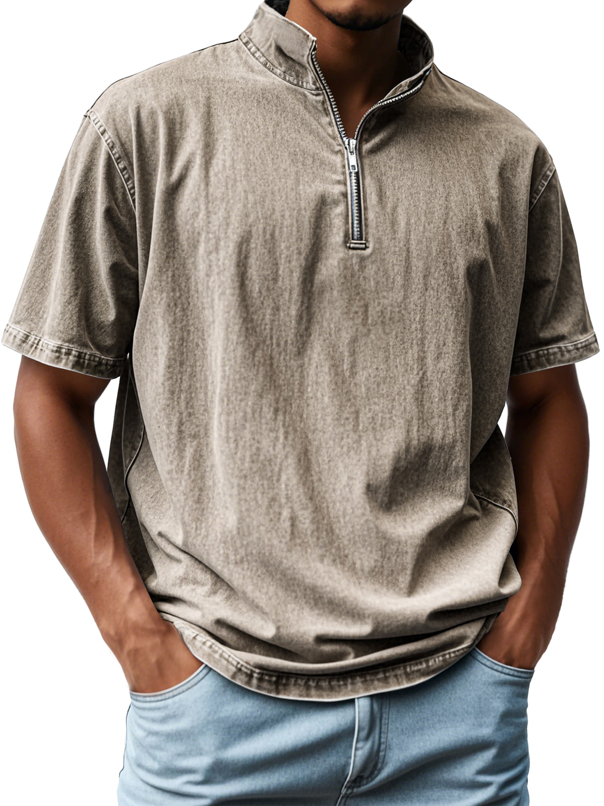 Men's Retro Stand Collar Zipper Casual Short Sleeve T-Shirt