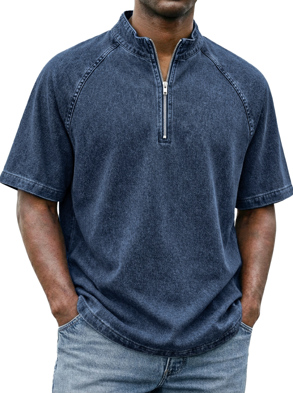 Men's Retro Raglan Sleeve Stand-collar Zip-up Casual Short-sleeved T-shirt