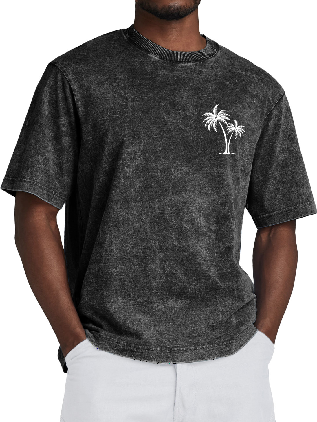 Men's 100% Cotton Retro Washed Coconut Tree Print Crew Neck Short Sleeve T-Shirt