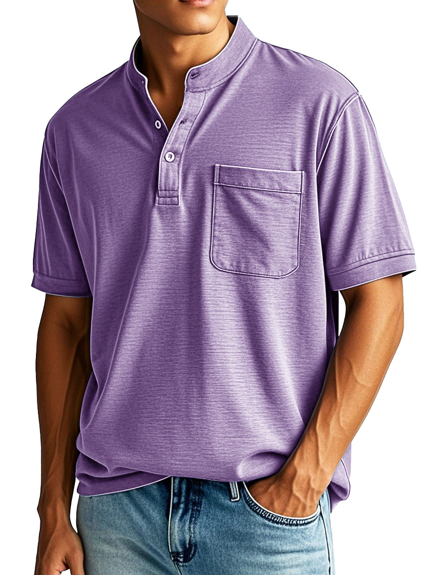 Men's Fashion Casual Stand-up Collar Pocket Short-sleeved Henley Shirt 