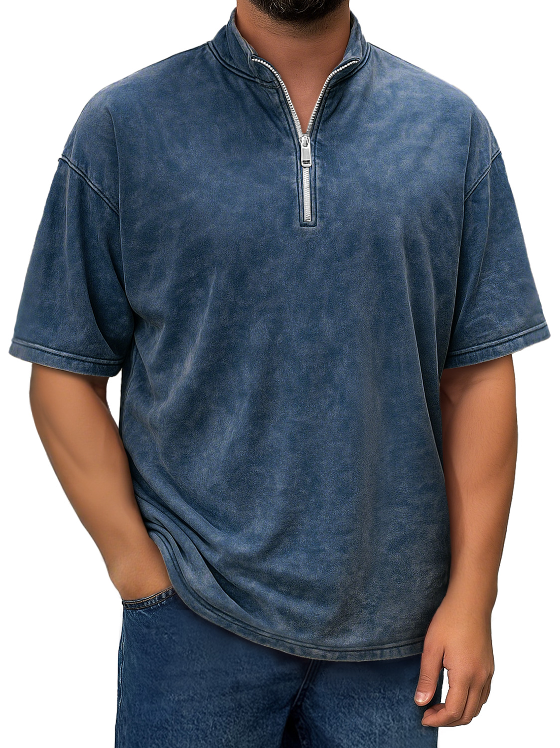 Men's Retro Stand Collar Zipper Casual Short Sleeve T-shirt