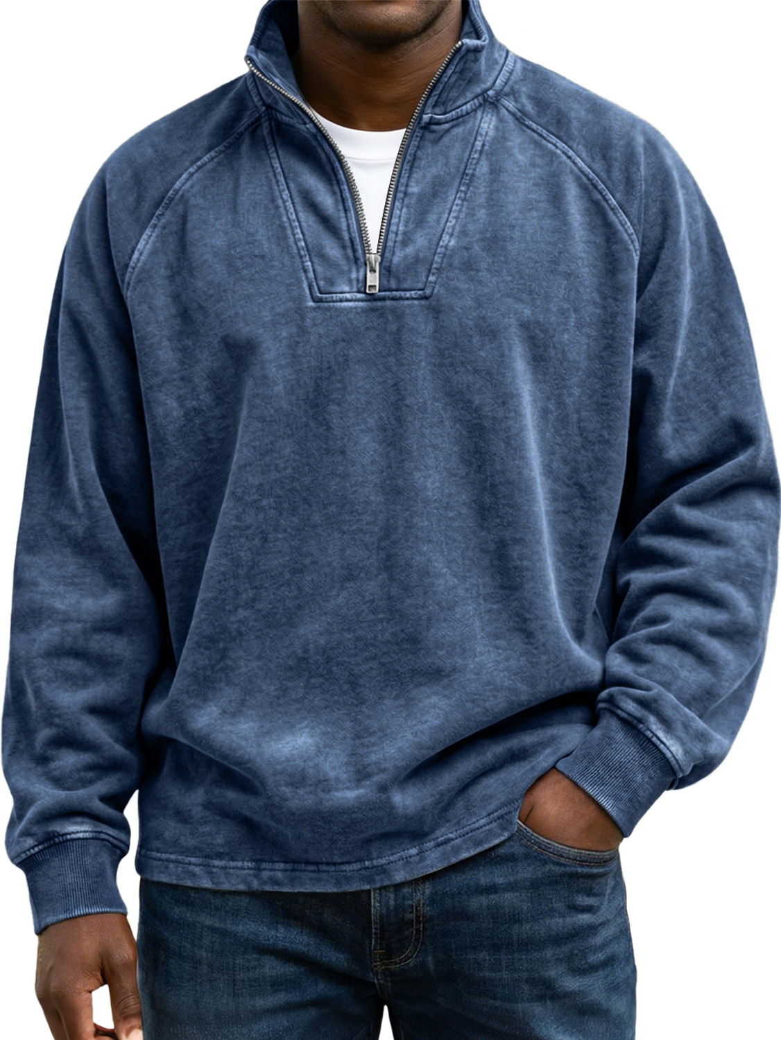 Men's Vintage Raglan Sleeve Stand-collar Zip-up Casual Long-sleeved Shirtt