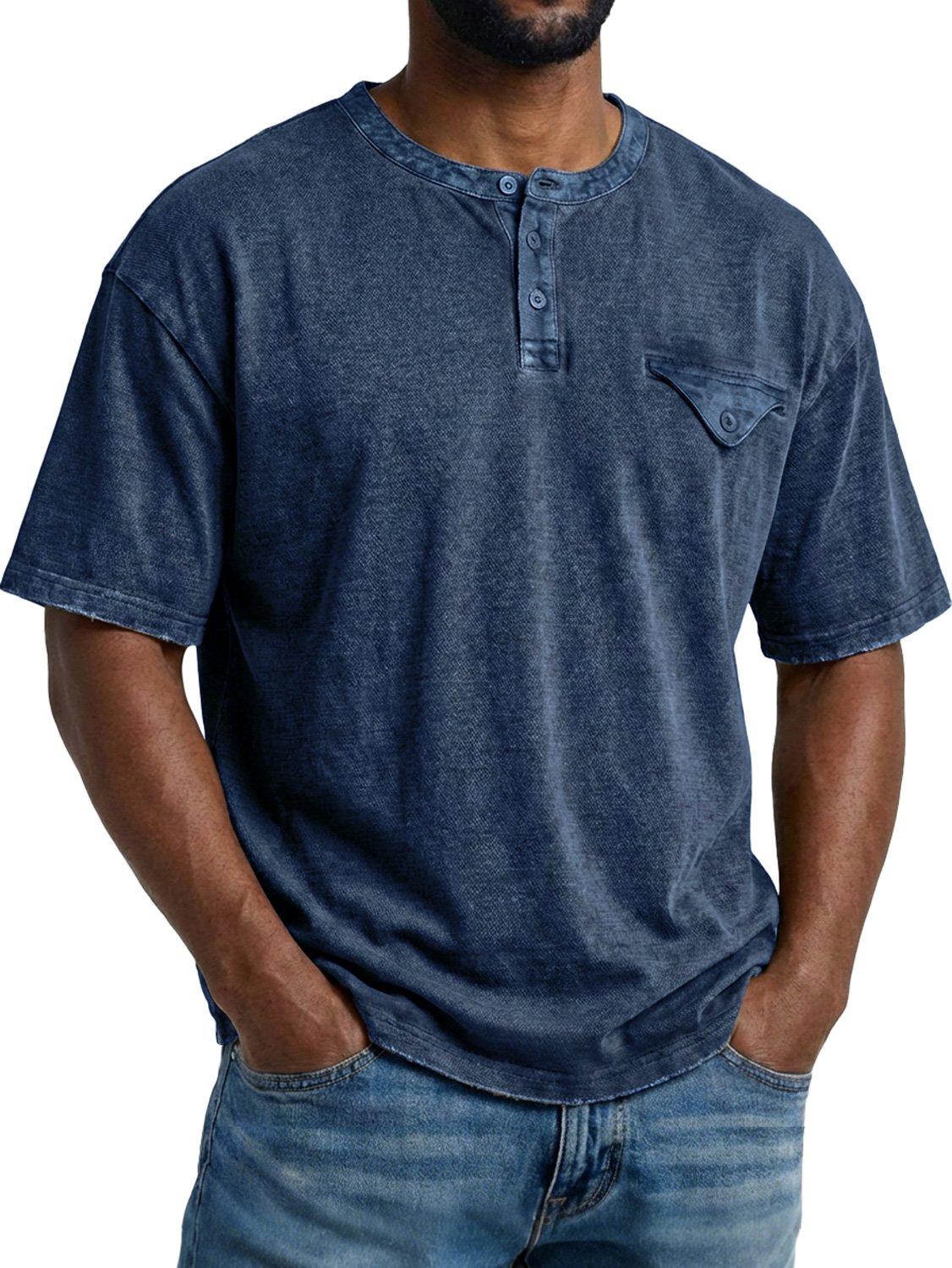Men's Retro Pocket Design Casual Short-Sleeve Henley Shirt