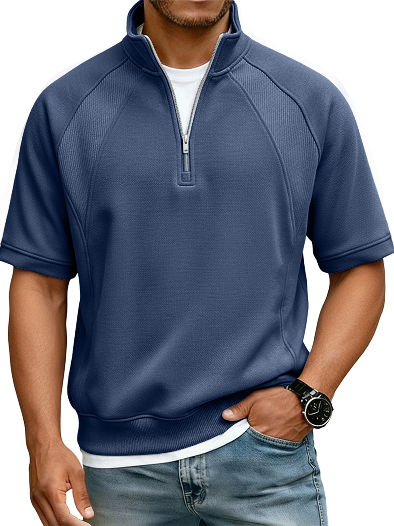 Men's Casual Deconstructed Design Stand Collar Zipper Short Sleeve T-Shirt