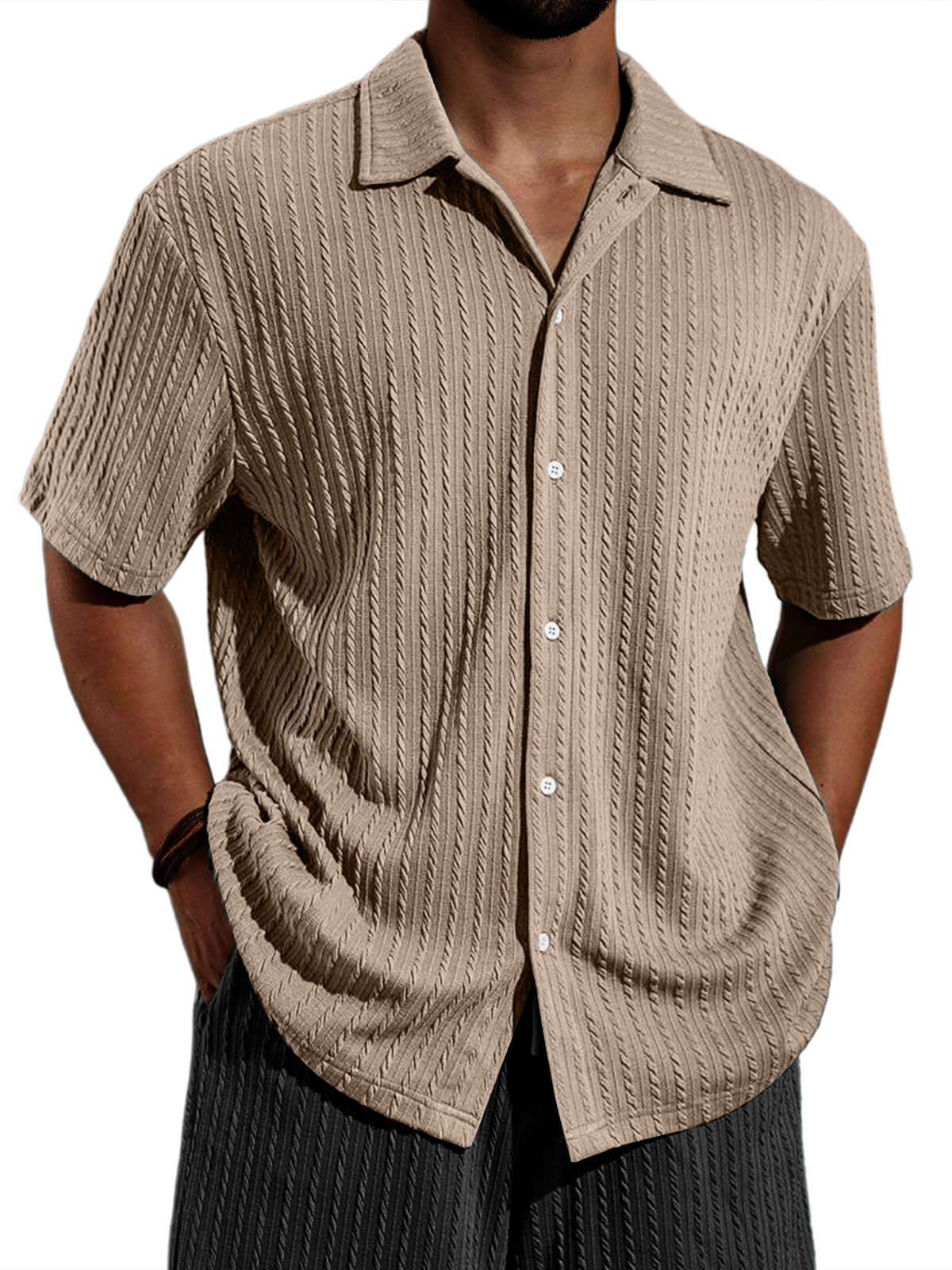 Men's Casual Lapel Jacquard Solid Color Short-sleeved Shirt