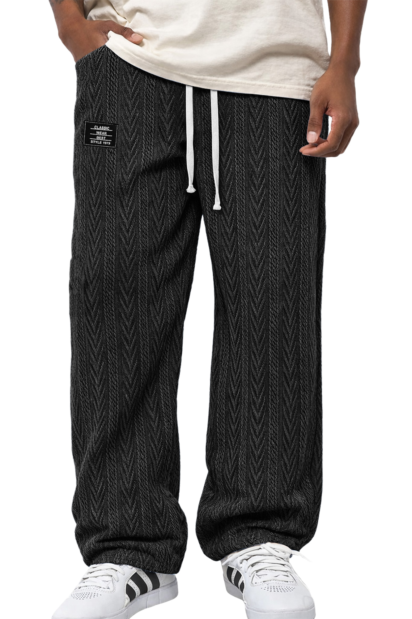 Men's Casual Jacquard Textured Embroidered Logo Elastic Waist Loose Trousers
