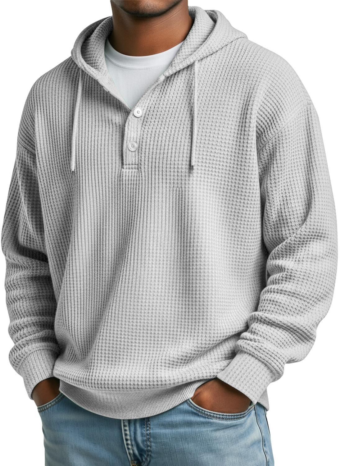 Men's Waffle Casual Hooded Button Loose Sweatshirt
