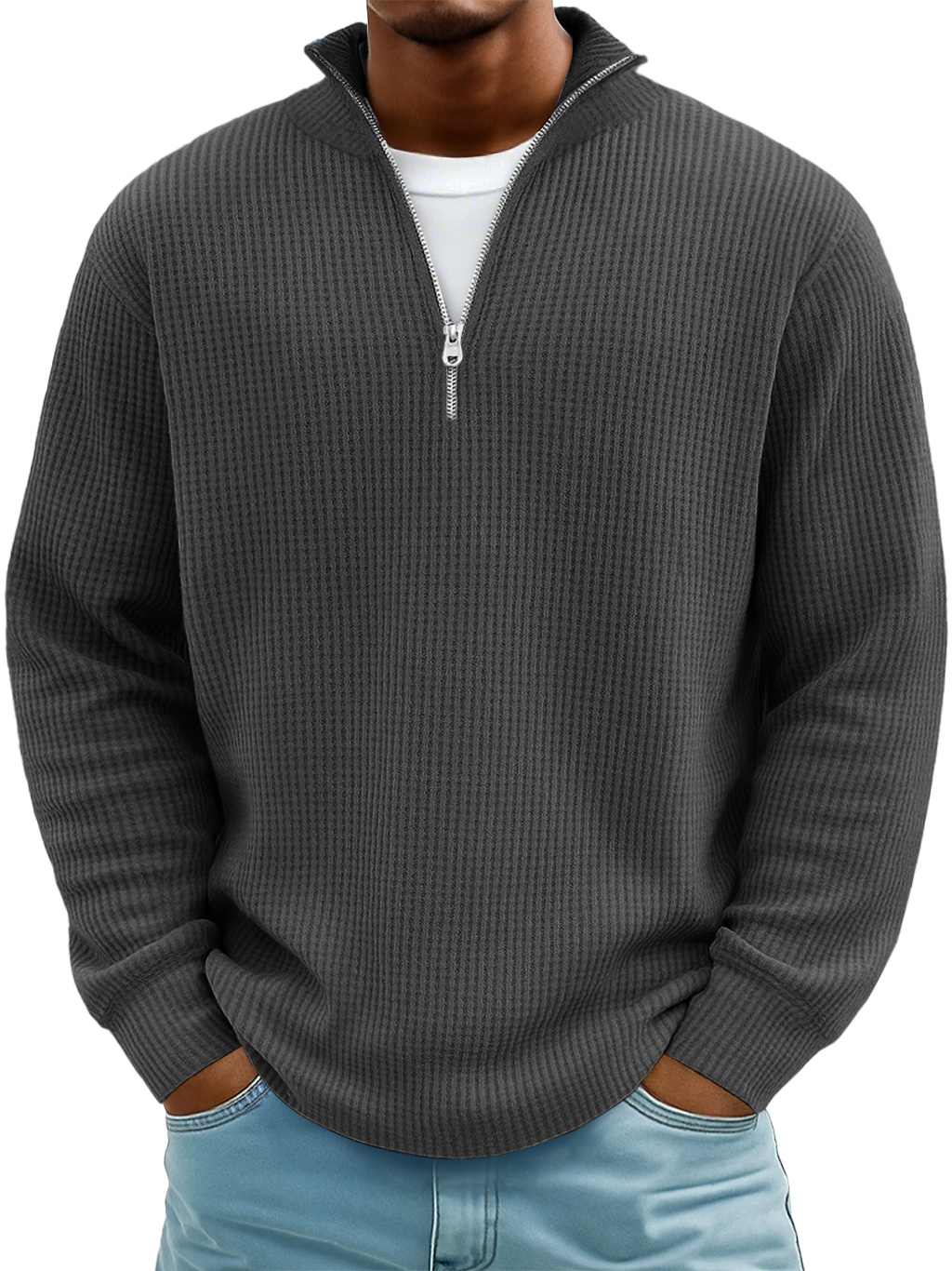 Men's Casual Simple Stand Collar Zipper Long Sleeve T-shirt