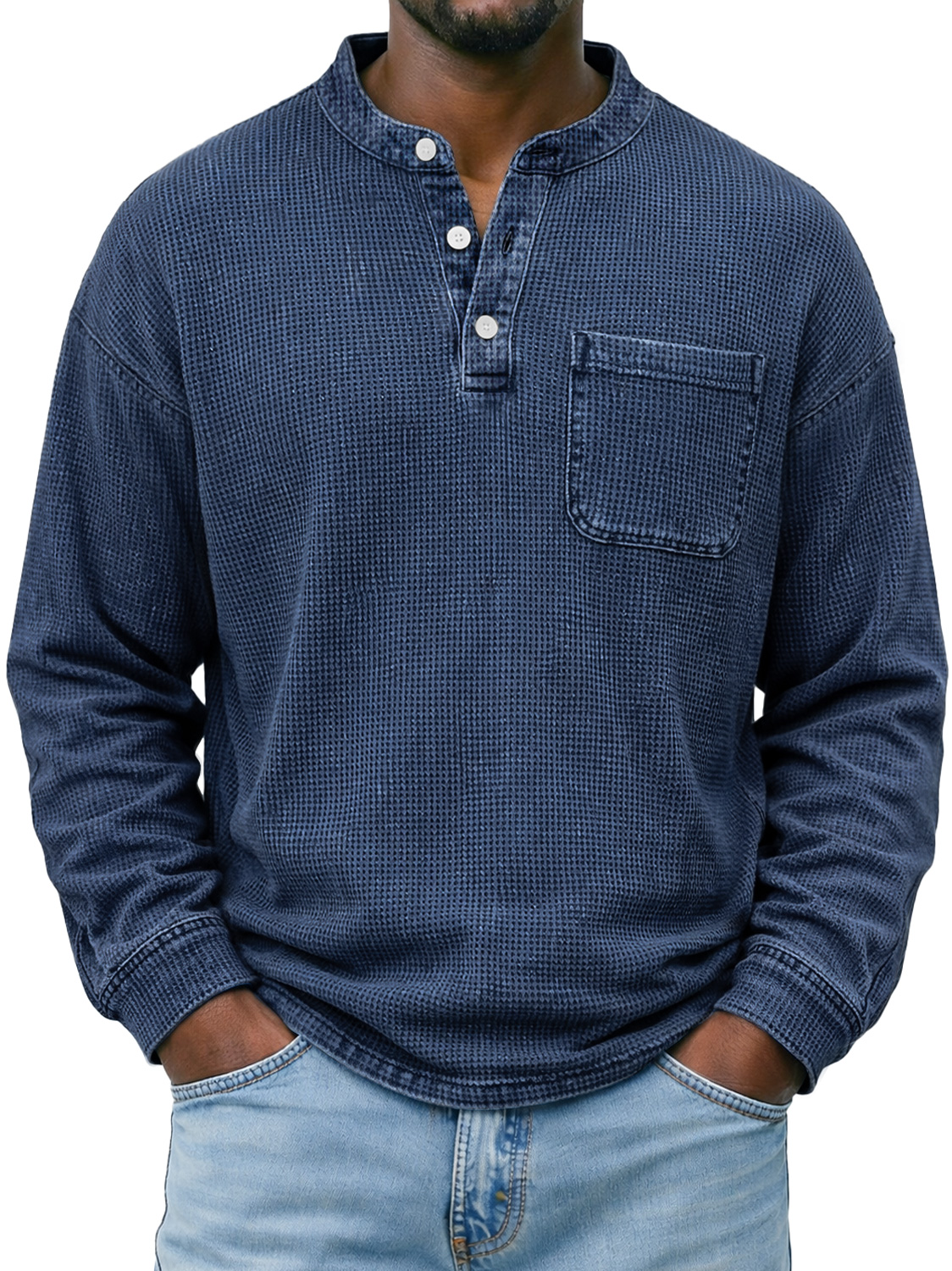 Men's Simple Waffle-knit Casual Long-sleeved Henley Shirt With Pocket