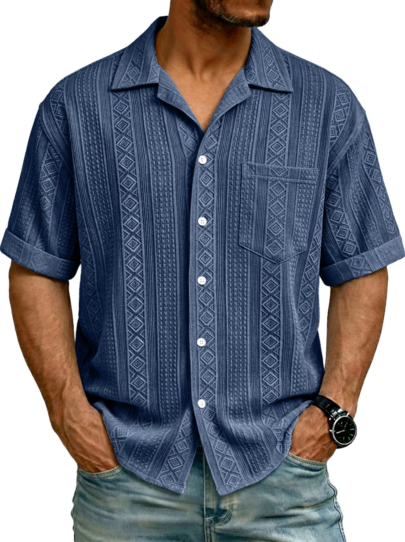 Men's Simple Textured Pocket Casual Short-Sleeve Shirt