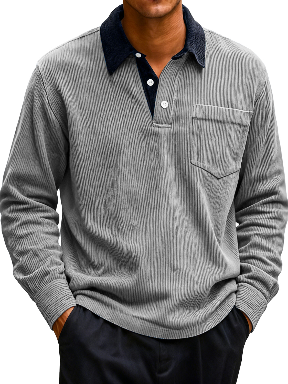 Men's Corduroy Lapel Stitching Casual Long-sleeved Polo Shirt