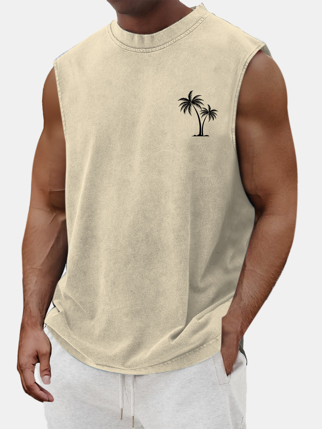 Men's Vintage Cotton Washed Coconut Palm Tree Print Round Neck Sleeveless T-shirt