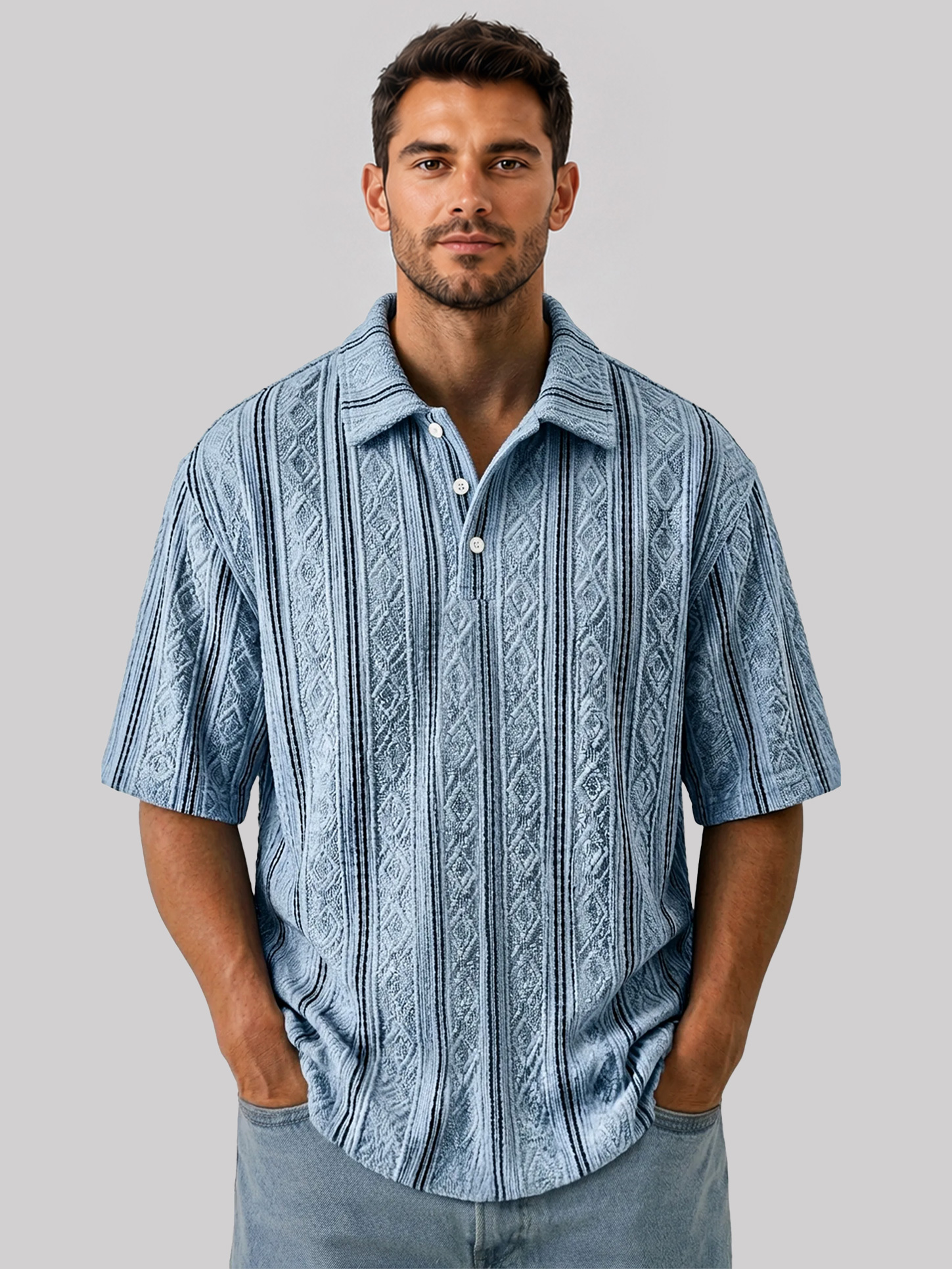 Men's Jacquard Textured Collar Button Casual Short-sleeved Polo Shirt