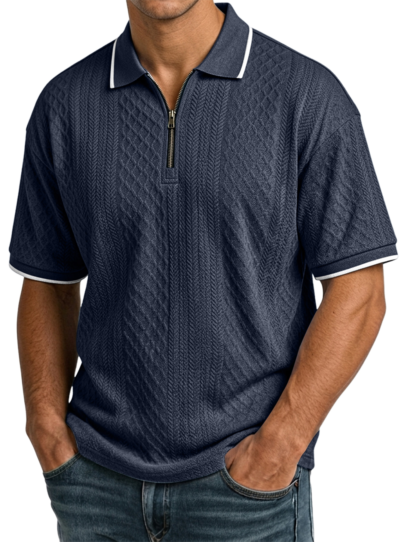 Men's Casual Jacquard Textured Collar Zipper Short-Sleeve Polo Shirt