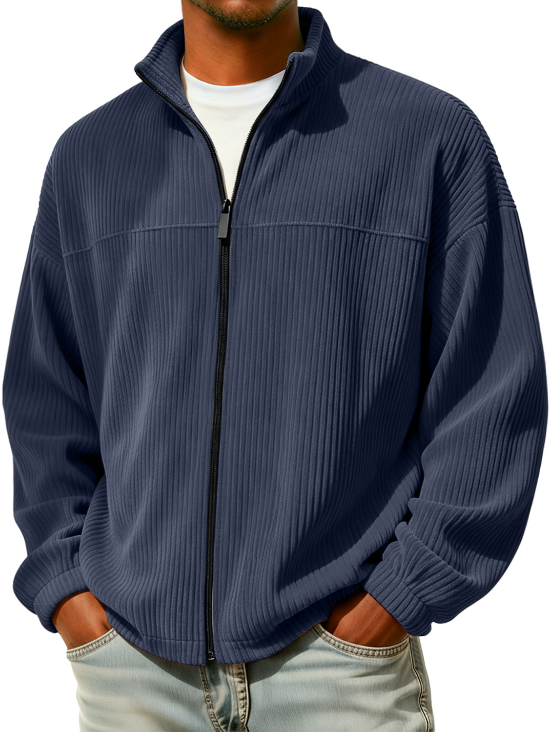 Men's Simple Stand Collar Zippered Corduroy Casual Jacket