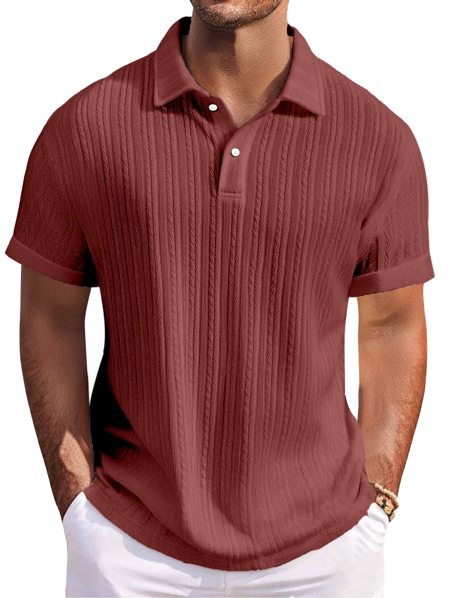 Men's Everyday Texture Solid Color Loose Button Lapel Short-sleeved Polo Shirt