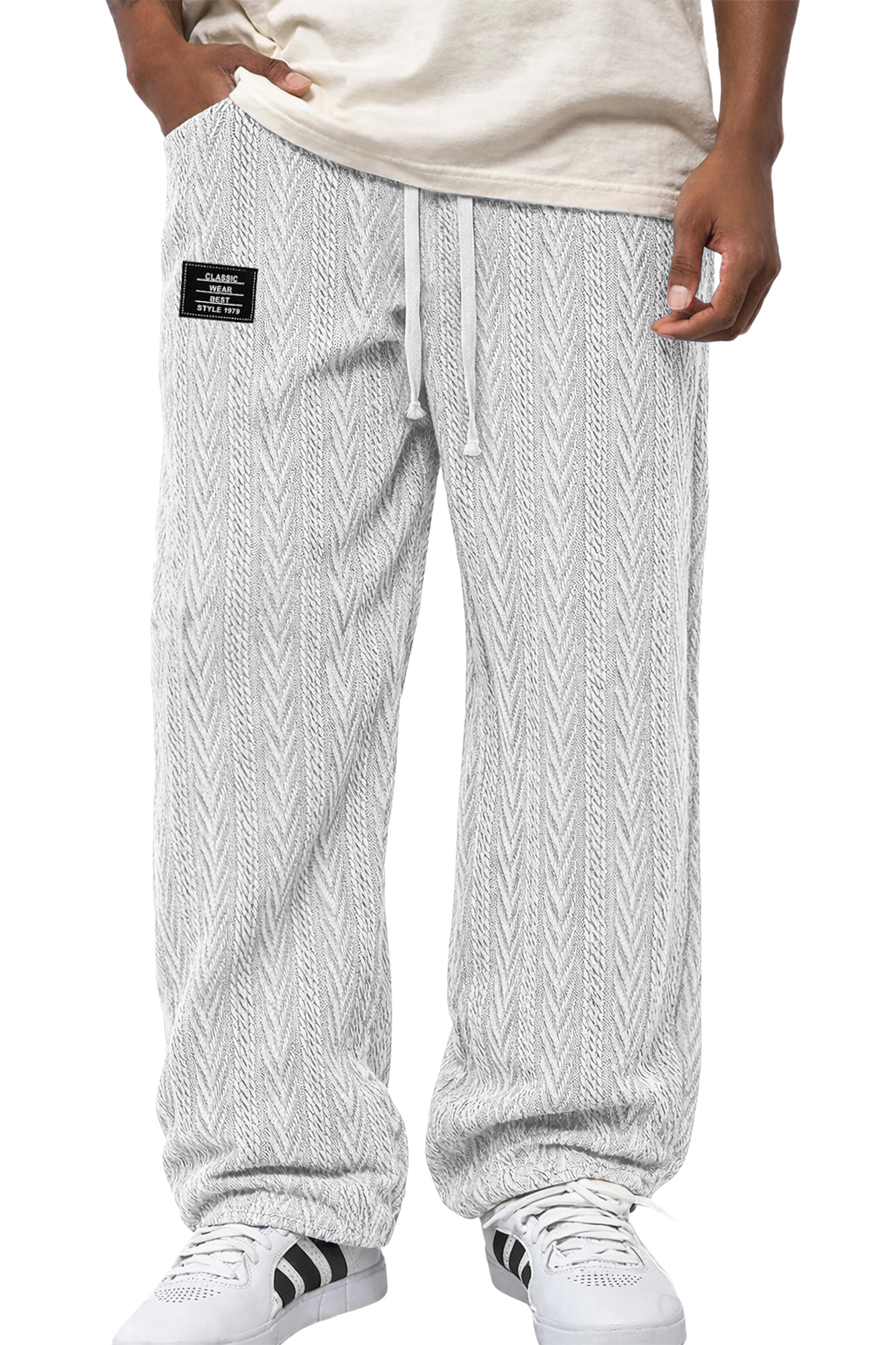 Men's Casual Jacquard Textured Embroidered Logo Elastic Waist Loose Trousers