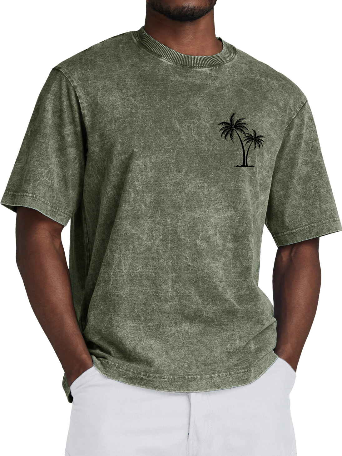Men's 100% Cotton Retro Washed Coconut Tree Print Crew Neck Short Sleeve T-Shirt