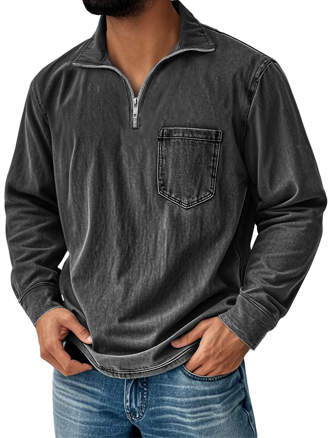 Men'sVintage Distressed Stand-up Collar Zipper Casual Solid Color Long-sleeved T-shirt