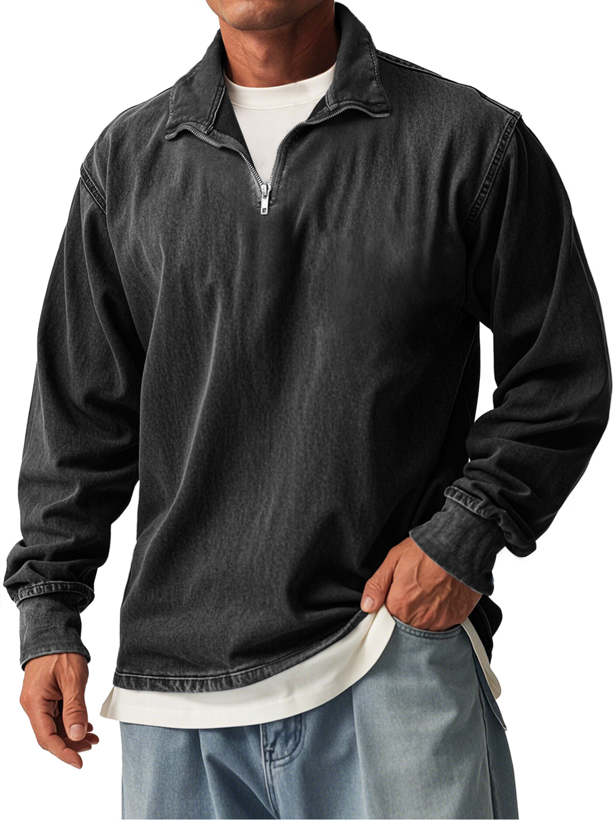 Men's Retro Casual Stand Collar Zipper Long Sleeve T-Shirt