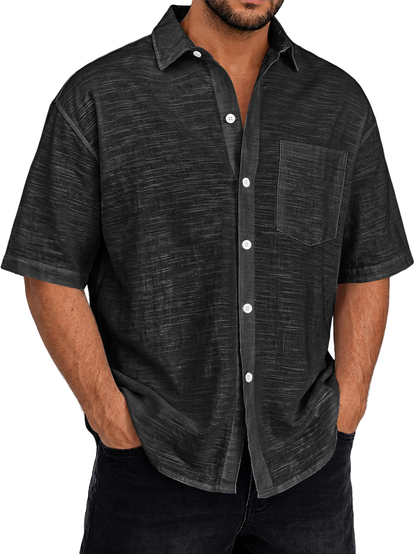 Men's Textured Casual Short-Sleeve Shirt with Collar and Pocket