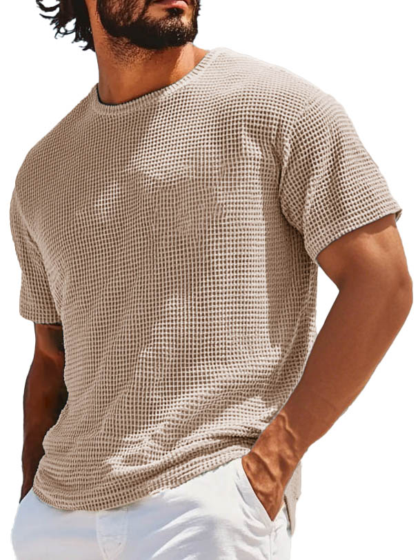 Men's Retro Fashion Round Neck Waffle Texture Fabric Short-sleeved T-shirt