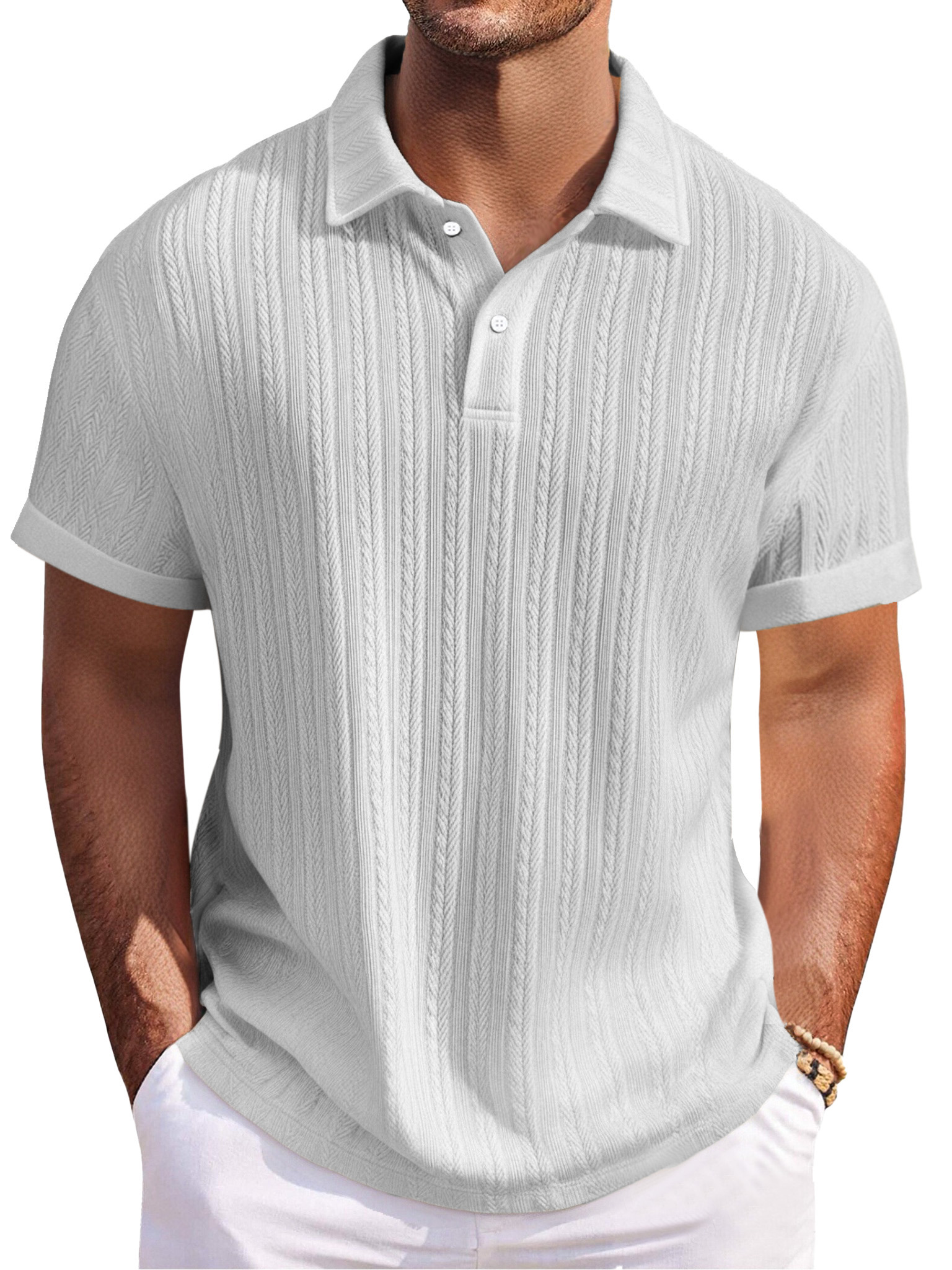 Men's Everyday Texture Solid Color Loose Button Lapel Short-sleeved Polo Shirt