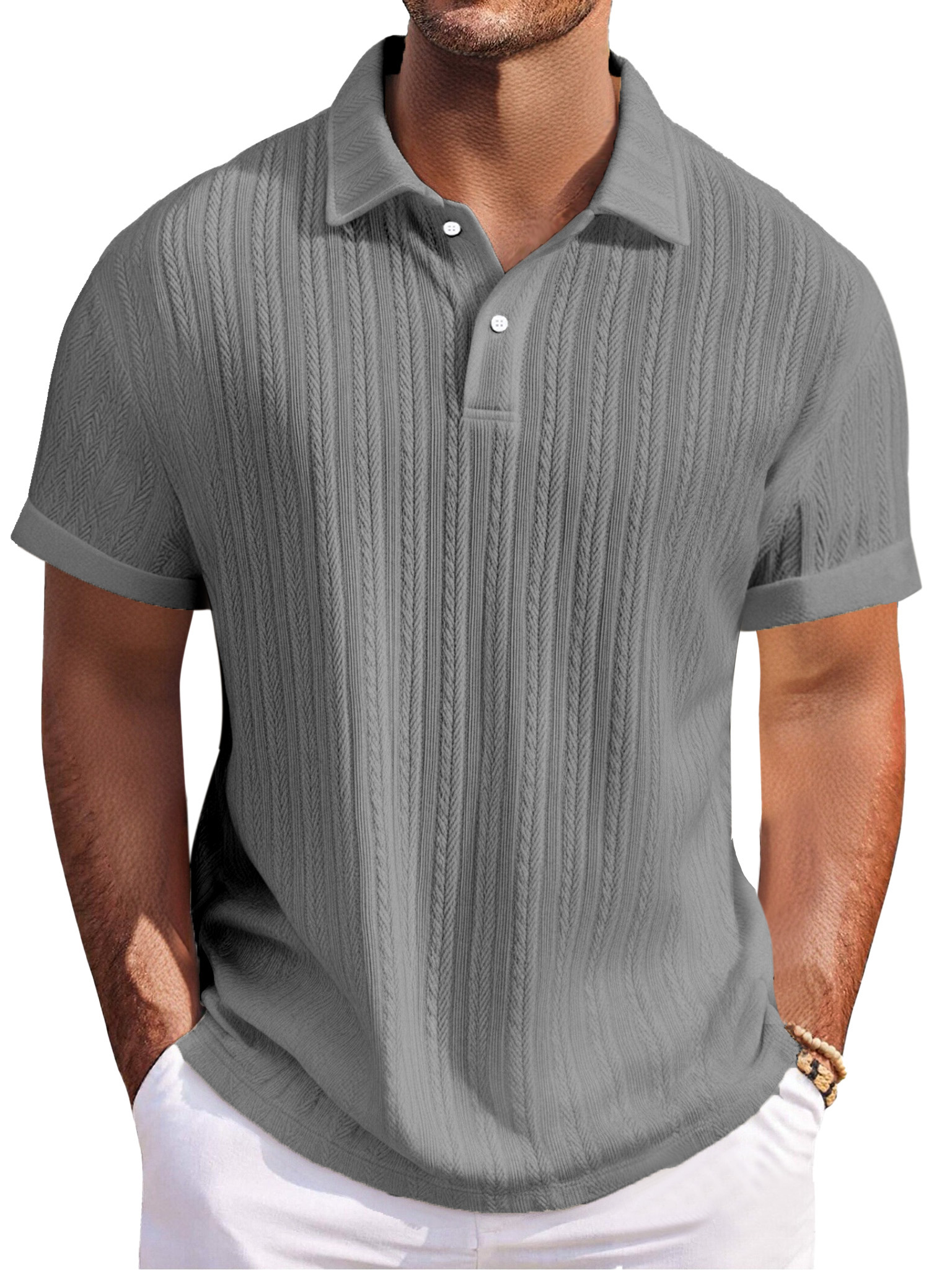 Men's Everyday Texture Solid Color Loose Button Lapel Short-sleeved Polo Shirt